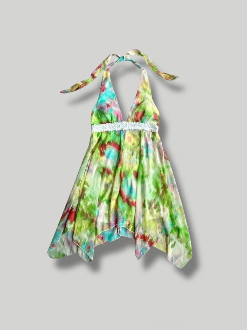 Grass Collection Halter Watercolor Lace Empire Waist Babydoll Mini Fairy Dress M